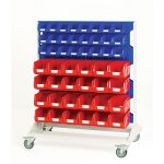 Mobile Double Sided Louvre Panel Parts Storage Trolley with 6 panels, 48x red 48x blue bins - SKU-16917226.11V