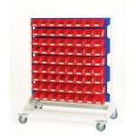 Mobile Parts Bin Storage - Louvre panel trolley double sided & bins with 6 panels, 144x red bins.WxDxH: 1000x550x1250mm. Available in 4 colours_SKU-16917271.11V