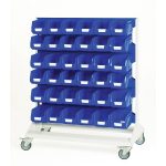 Parts Bin Trolley on wheels - Parts Bin Storage - Louvre panel trolley double sided & bins with 6 panels, 72x blue bins.WxDxH: 1000x550x1250mm.Available in 4 colours_SKU-16917272.11V