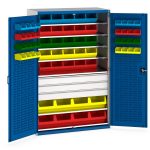 Parts Bin Storage - cubio cupboard louvre doors, 7 shelves 3 drw, 65 bins.WxDxH: 1300x650x2000mm. Available in 4 colours_SKU-40022057.11V