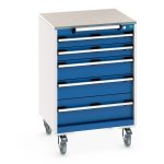 Industrial Storage on wheels - cubio mobile cabinet with 5 drawers & lino worktop.WxDxH: 650x650x990mm. _SKU-40402150.11V